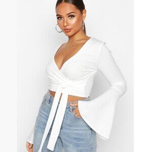 boohoo Cropped Rib Flare Sleeve Top Cream Size US 6